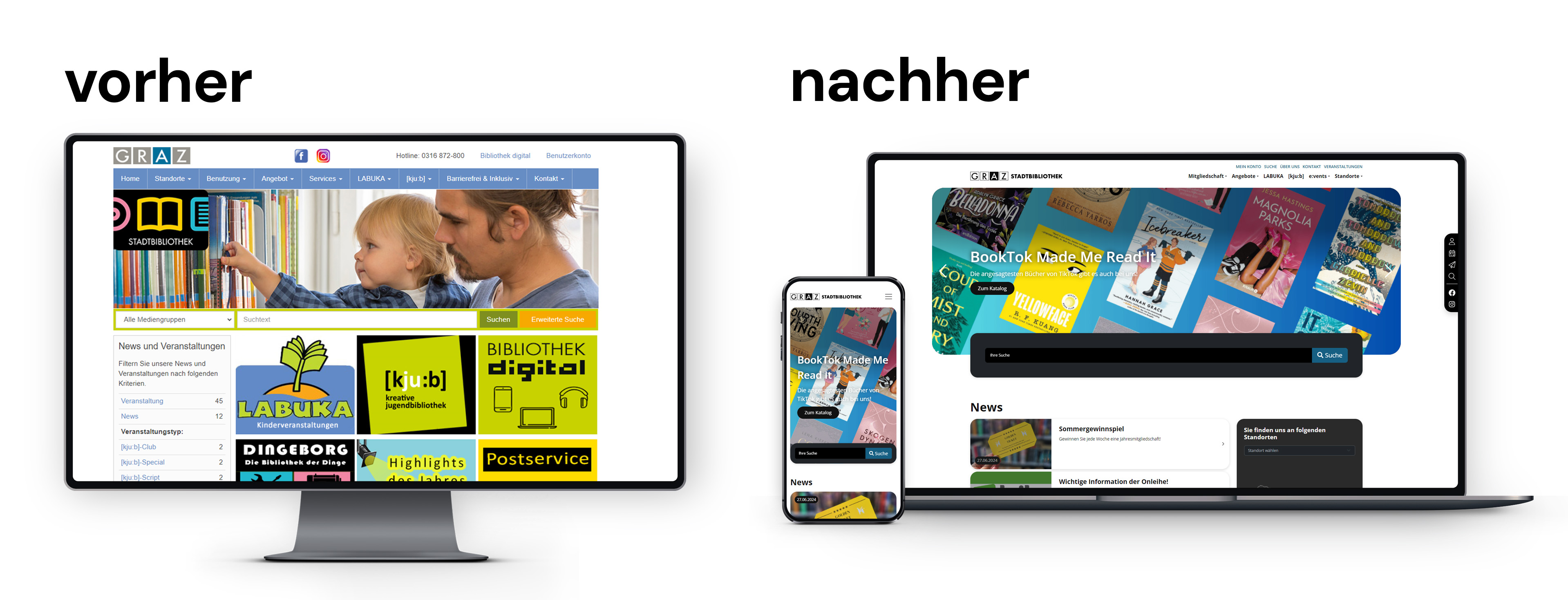 Webdesign Stadtibliothek Graz vorher nachher vergleich