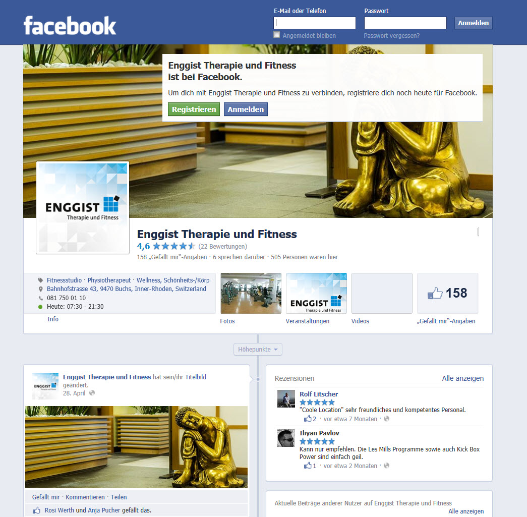 Unternehmens-Facebookseite für Enggist Therapie und Fitness